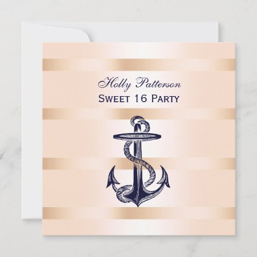 Nautical Navy Blue Anchor Baby Pink BG SQ Sweet 16 Personalized Invitation