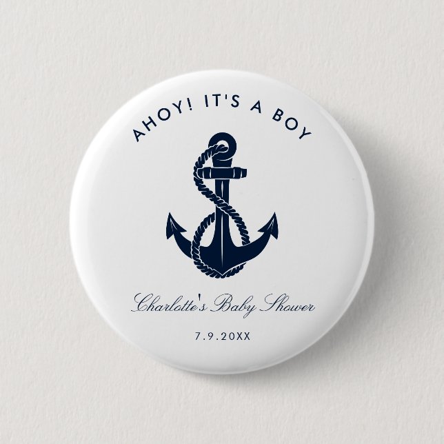 Nautical Navy Blue Anchor Baby Shower Button (Front)