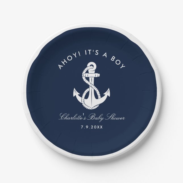 Nautical Navy Blue Anchor Baby Shower Paper Plates (Front)