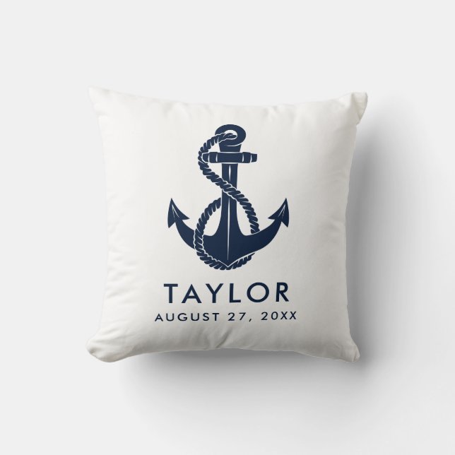 Nautical Navy Blue Anchor Baby Shower Personalized Throw Pillow (Front)