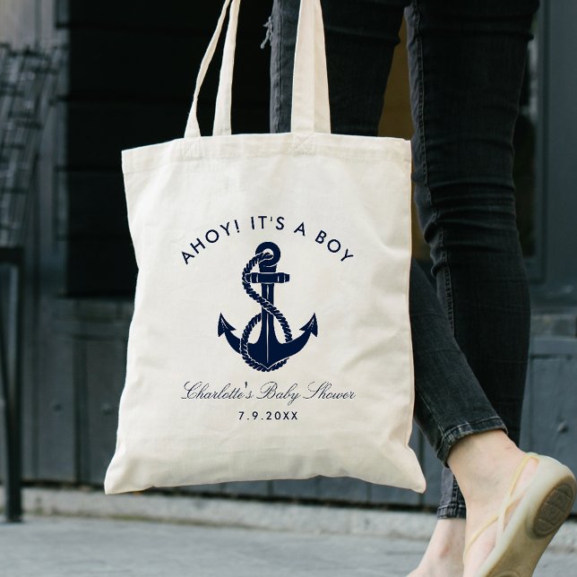 Nautical Navy Blue Anchor Baby Shower Personalized Tote Bag (Nautical Anchor Boy Baby Shower Tote Bag)