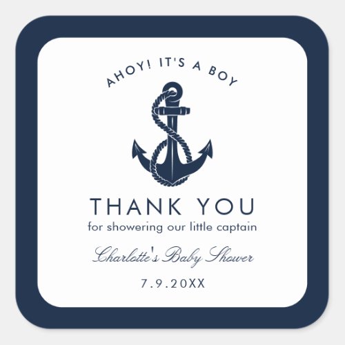 Nautical Navy Blue Anchor Baby Shower Thank You Square Sticker