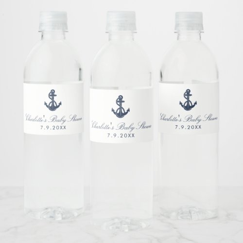 Nautical Navy Blue Anchor Baby Shower Water Bottle Label