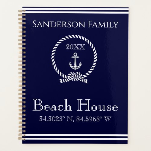 Nautical navy blue anchor beach house coordinates  planner