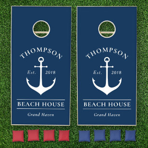Nautical Navy Blue Anchor Beach House Cornhole Set
