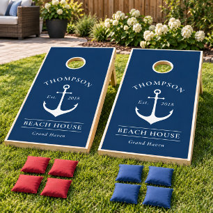Nautical Navy Blue Anchor Beach House Cornhole Set