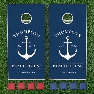 Nautical Navy Blue Anchor Beach House Cornhole Set