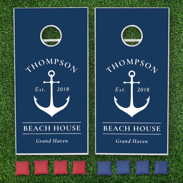 Nautical Navy Blue Anchor Beach House Cornhole Set (Creator Uploaded)