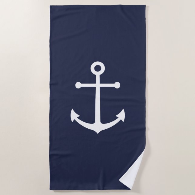 Nautical Navy Blue Anchor Beach Towel (Front)