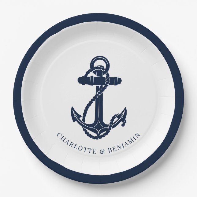 Nautical Navy Blue Anchor Beach Wedding Paper Plates (Front)