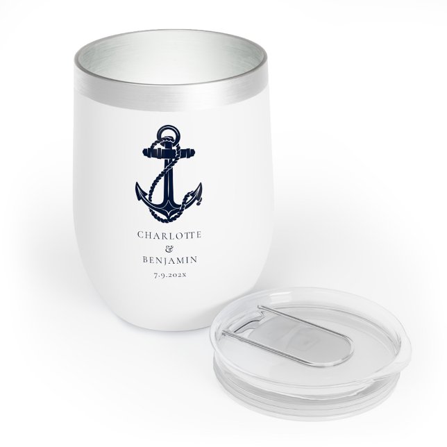 Nautical Navy Blue Anchor Beach Wedding Thermal Wine Tumbler (Nautical Anchor Navy Blue Boating Wedding Swag Personalized Wine Tumbler)