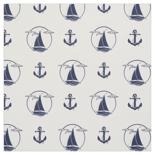 Nautical Navy blue anchor/blue sailboat silhouette Fabric