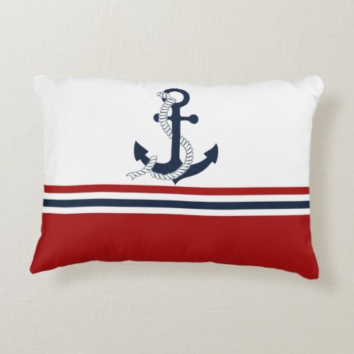 Nautical Navy Blue Anchor Blue White Red Stripes Accent Pillow