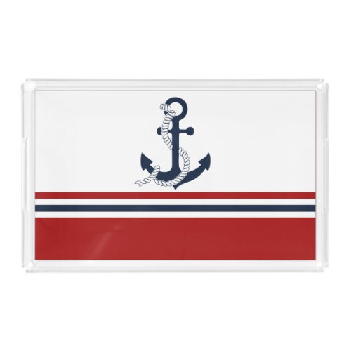 Nautical Navy Blue Anchor Blue White Red Stripes Acrylic Tray