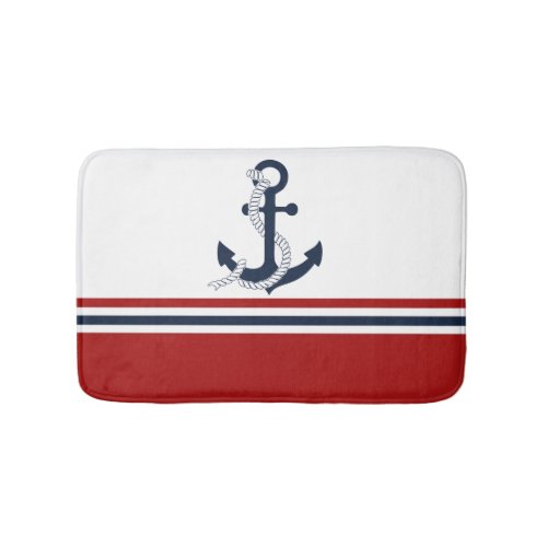 Nautical Navy Blue Anchor Blue White Red Stripes Bath Mat