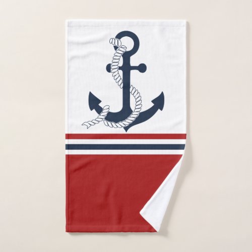 Nautical Navy Blue Anchor Blue White Red Stripes Bath Towel Set