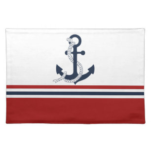 Nautical Navy Blue Anchor Blue White Red Stripes Cloth Placemat