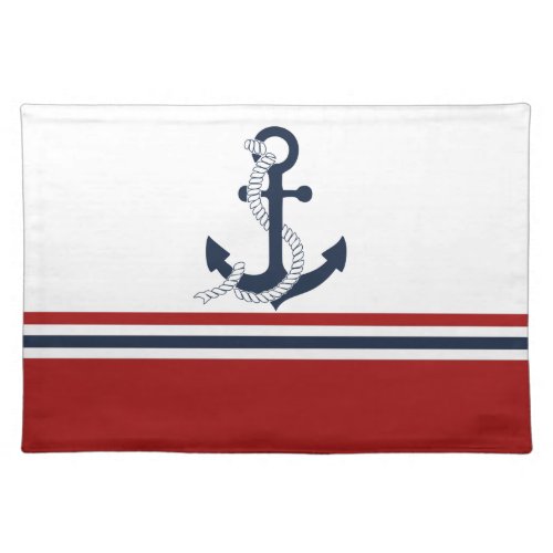 Nautical Navy Blue Anchor Blue White Red Stripes Cloth Placemat
