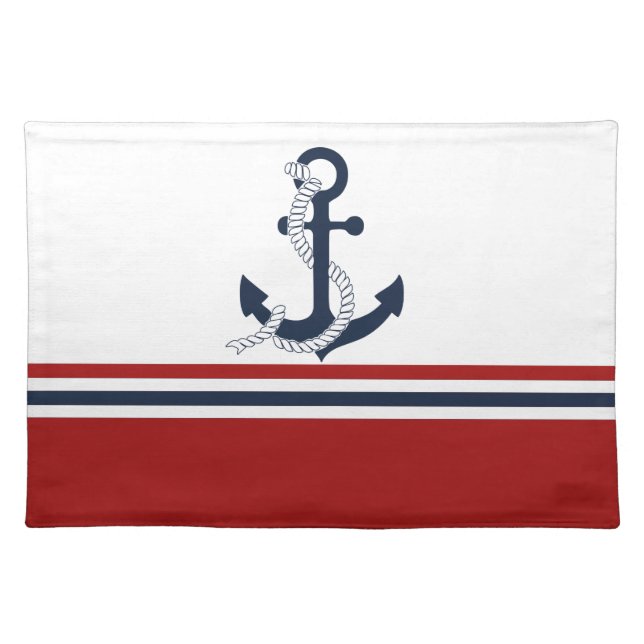 Nautical Navy Blue Anchor Blue White Red Stripes Cloth Placemat (Front)