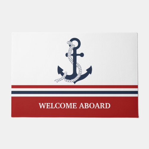 Nautical Navy Blue Anchor Blue White Red Stripes Doormat