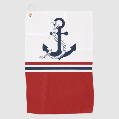 Nautical Navy Blue Anchor Blue White Red Stripes Golf Towel