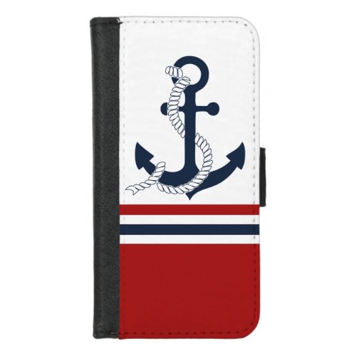 Nautical Navy Blue Anchor Blue White Red Stripes iPhone 87 Wallet Case