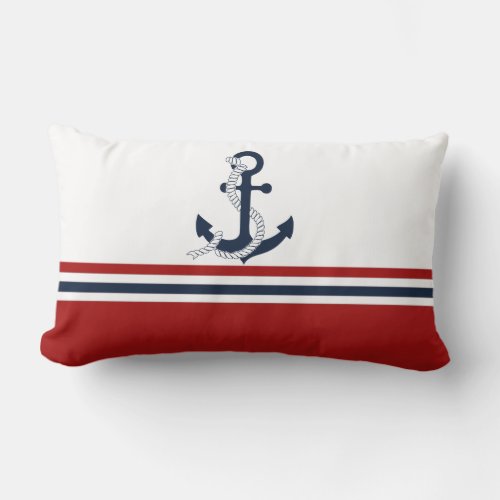 Nautical Navy Blue Anchor Blue White Red Stripes Lumbar Pillow