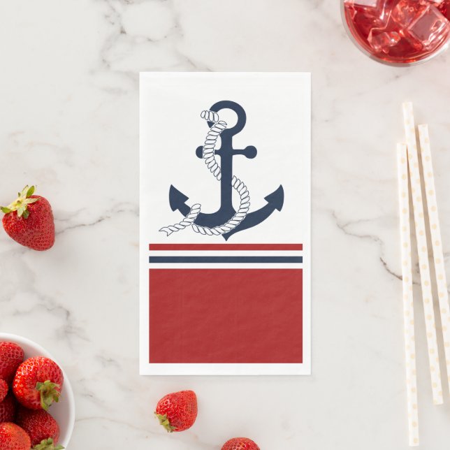 Nautical Navy Blue Anchor Blue White Red Stripes Paper Guest Towels (Insitu)