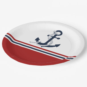 Nautical Navy Blue Anchor Blue White Red Stripes Paper Plates