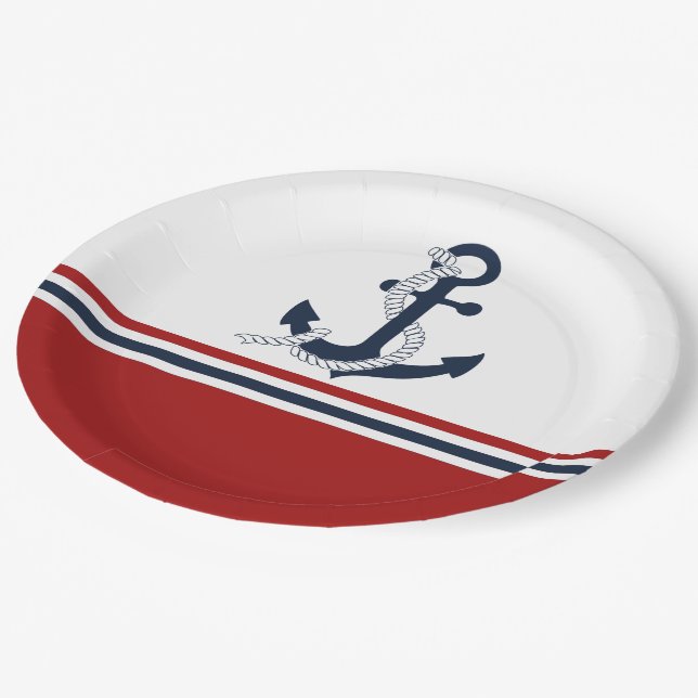 Nautical Navy Blue Anchor Blue White Red Stripes Paper Plates (Angled)