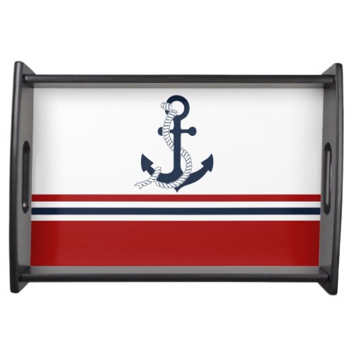 Nautical Navy Blue Anchor Blue White Red Stripes Serving Tray