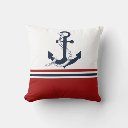 Nautical Navy Blue Anchor Blue White Red Stripes Throw Pillow