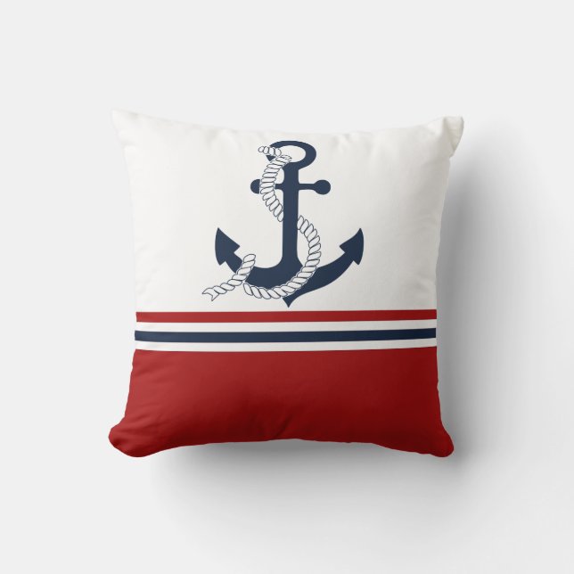 Nautical Navy Blue Anchor Blue White Red Stripes Throw Pillow (Front)