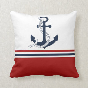 Nautical Navy Blue Anchor Blue White Red Stripes Throw Pillow
