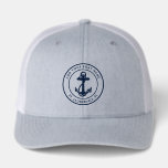 Nautical Navy Blue Anchor Boat Name<br><div class="desc">Add your boat name, and dock by clicking the "Personalize" button above. Set sail in style with our custom nautical-themed hat, the ultimate companion for your maritime adventures. This trucker hat boasts a cute design inspired by the ocean's wonders, featuring classic maritime motifs such as an anchor and rope. Whether...</div>