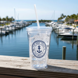 Nautical Navy Blue Anchor Boat Name Acrylic Tumbler