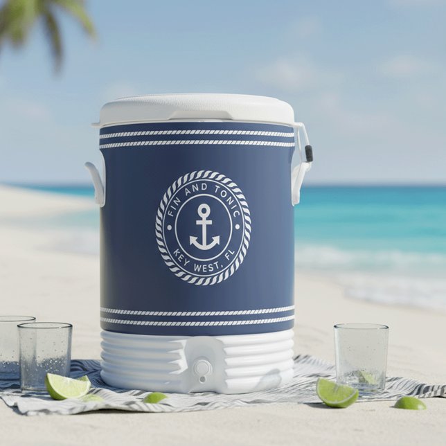 Nautical Navy Blue Anchor Boat Name Beverage Cooler (Creator Uploaded)