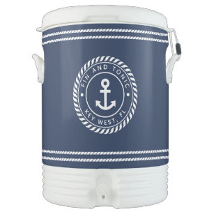 Nautical Navy Blue Anchor Boat Name Beverage Cooler