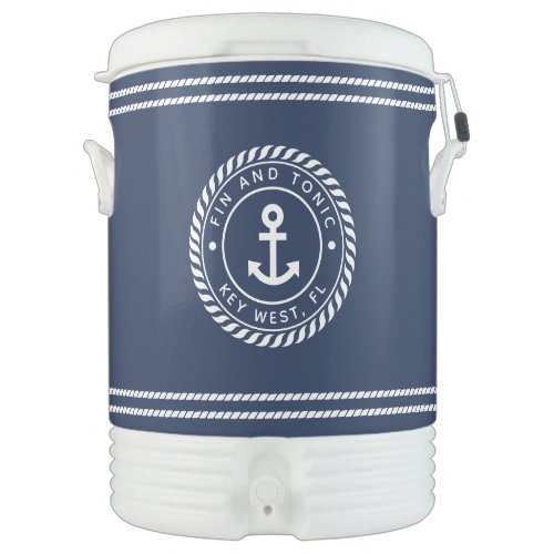 Nautical Navy Blue Anchor Boat Name Beverage Cooler