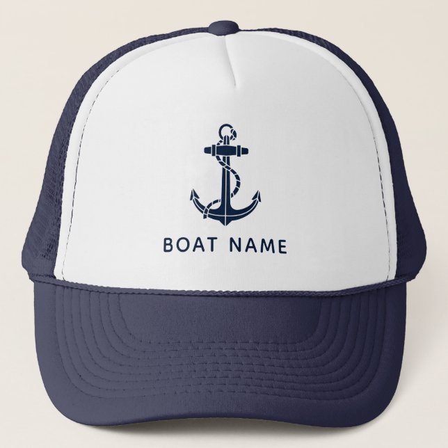 Nautical Navy Blue Anchor Boat Name Cruise Custom Trucker Hat (Front)