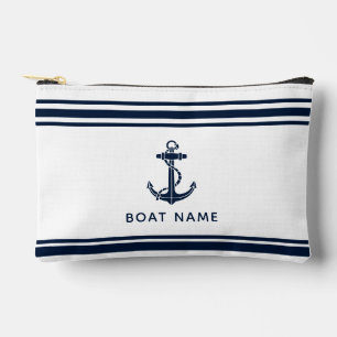 Nautical Navy Blue Anchor Boat Name Custom Accessory Pouch