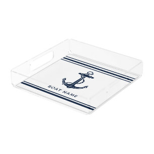 Nautical Navy Blue Anchor Boat Name Custom Acrylic Tray