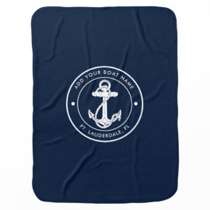 Nautical Navy Blue Anchor Boat Name Custom Baby Blanket