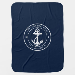 Nautical Navy Blue Anchor Boat Name Custom Baby Blanket