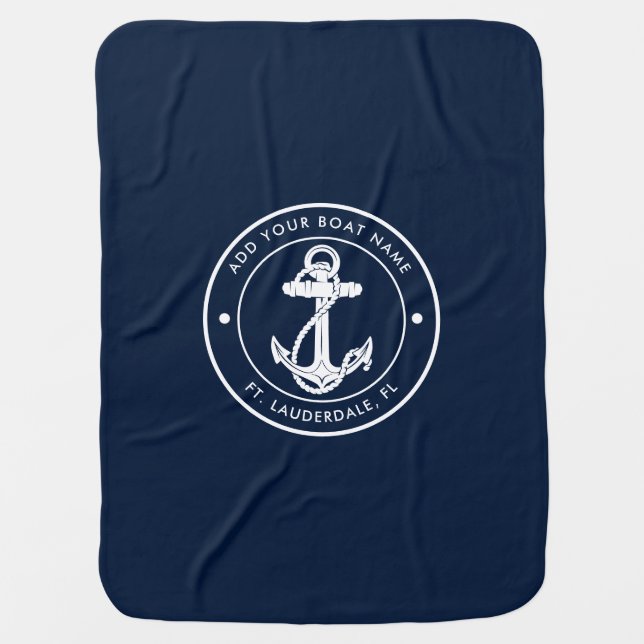 Nautical Navy Blue Anchor Boat Name Custom Baby Blanket (Front)