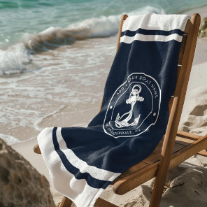 Nautical Navy Blue Anchor Boat Name Custom Beach Towel