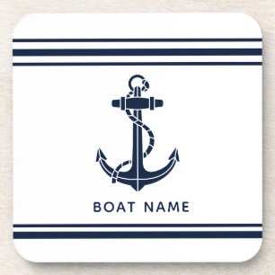 Nautical Navy Blue Anchor Boat Name Custom Beverage Coaster