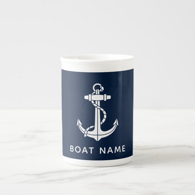 Nautical Navy Blue Anchor Boat Name Custom Bone China Mug (Front)