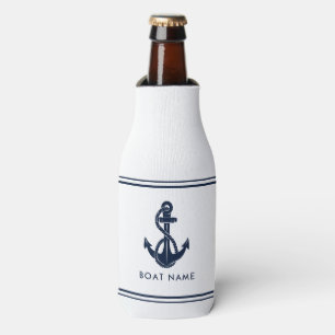 Nautical Navy Blue Anchor Boat Name Custom Bottle Cooler