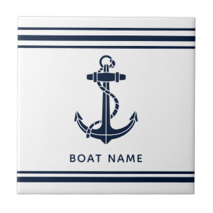 Nautical Navy Blue Anchor Boat Name Custom Ceramic Tile